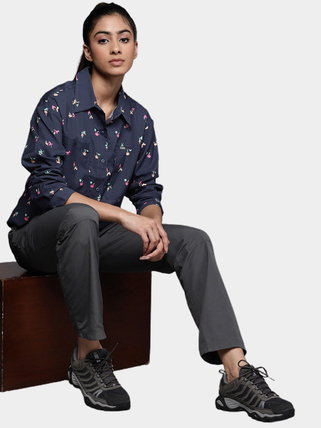 Columbia Women Blue Silver Ridge Utility Patterned Long Sleeve Shirt