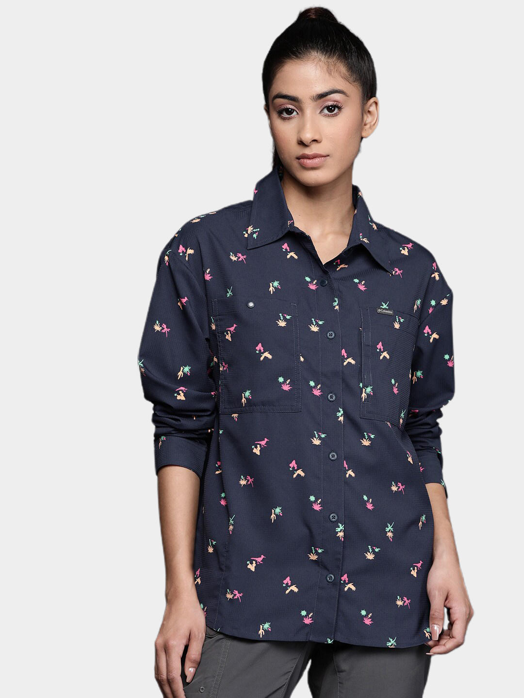 Columbia Women Blue Silver Ridge Utility Patterned Long Sleeve Shirt