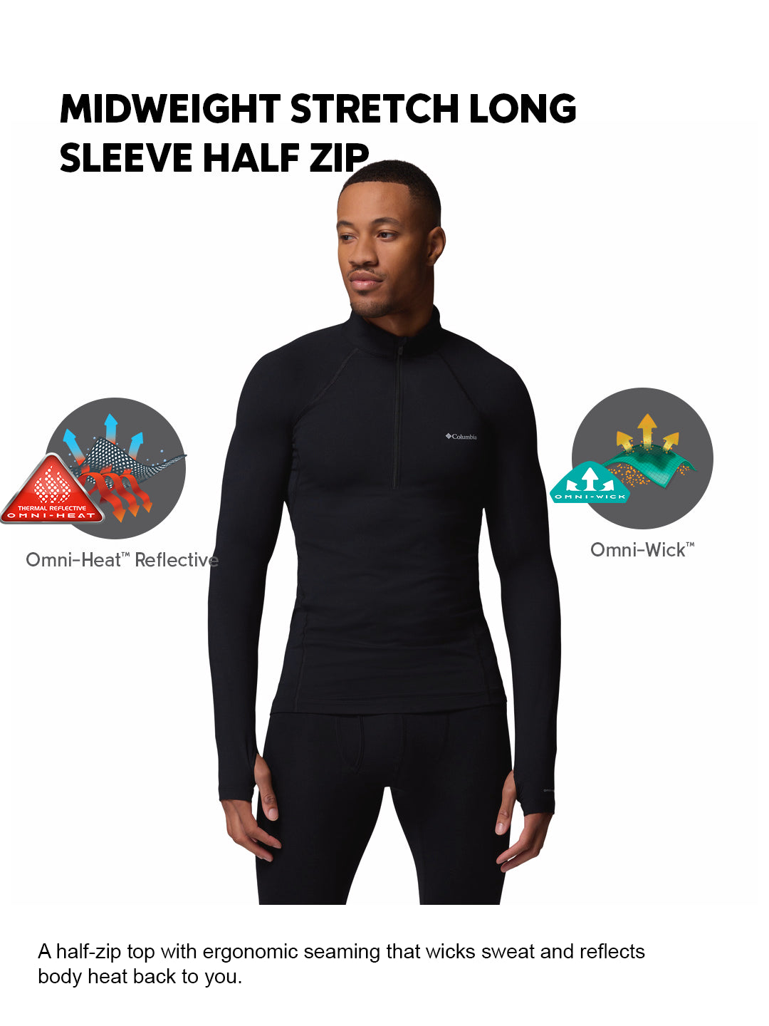 Columbia Men Black Omni-Heat Reflective Midweight Stretch Half Zip Top (Non-Returnable)