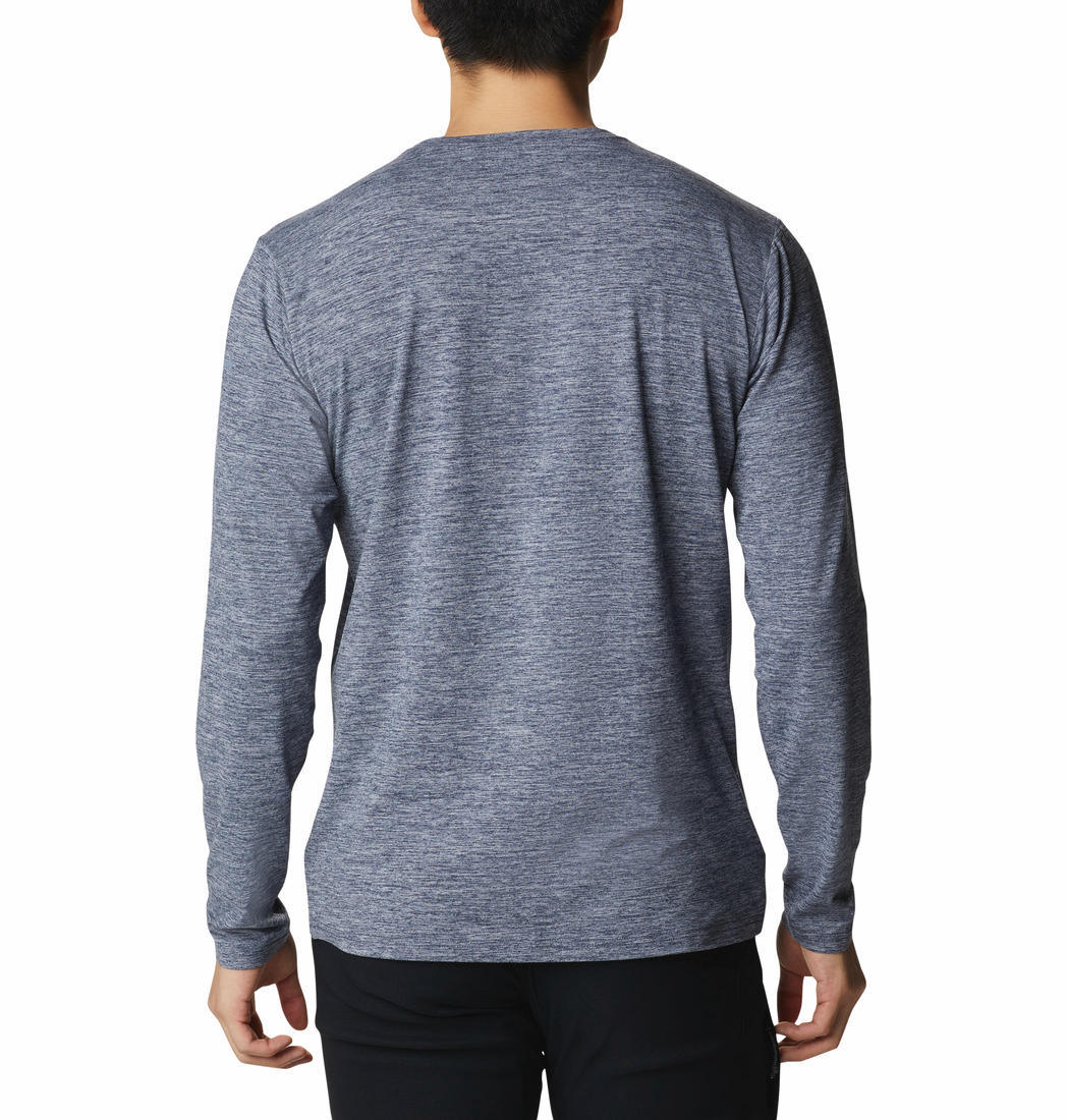 A Men Wearing Columbia Men Blue Tech Trail Graphic Long Sleeve (Sun Protection)