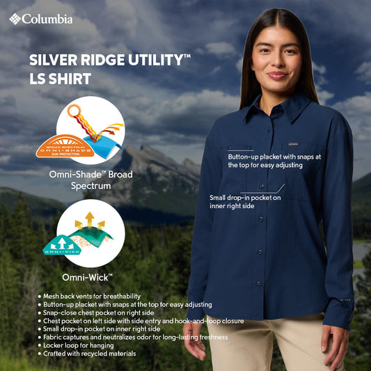 Columbia Womens Navy Blue Omni-Shade Broad Spectrum Silver Ridge Utility Long Sleeve Shirt