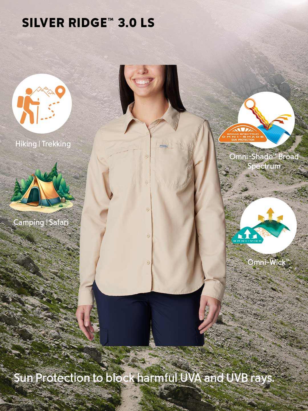 Columbia Women Beige Omni-Shade Silver Ridge 3.0 Long Sleeve Sun Shirt