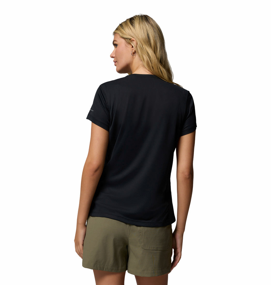 A Women Wearing Columbia Women Black Zero Rules Light SS Crew (Sun Protection)