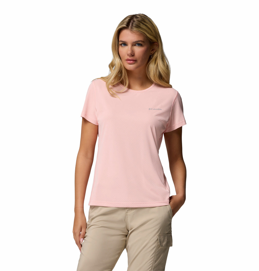 A Women Wearing Columbia Women Pink Zero Rules Light SS Crew (Sun Protection)