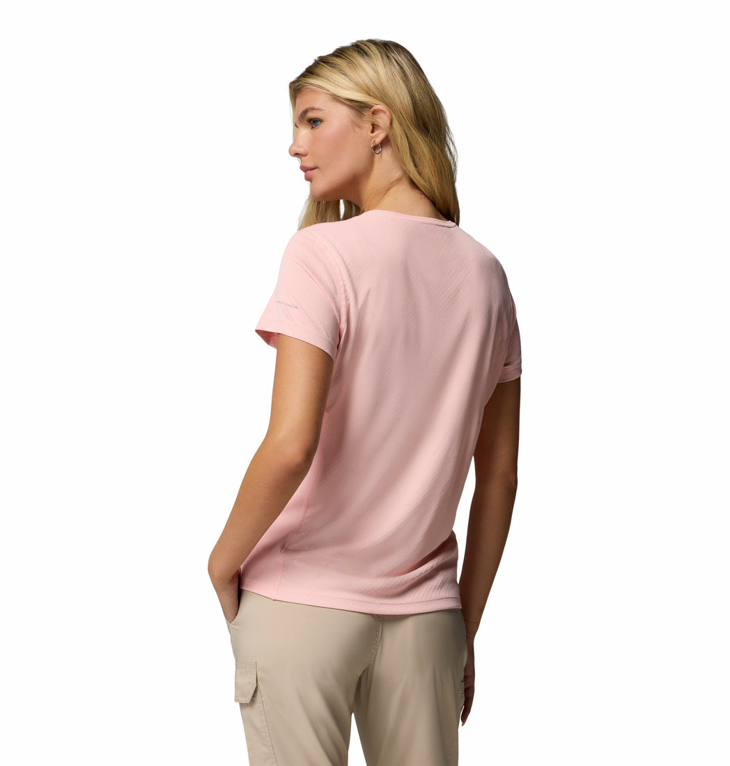 A Women Wearing Columbia Women Pink Zero Rules Light SS Crew (Sun Protection)