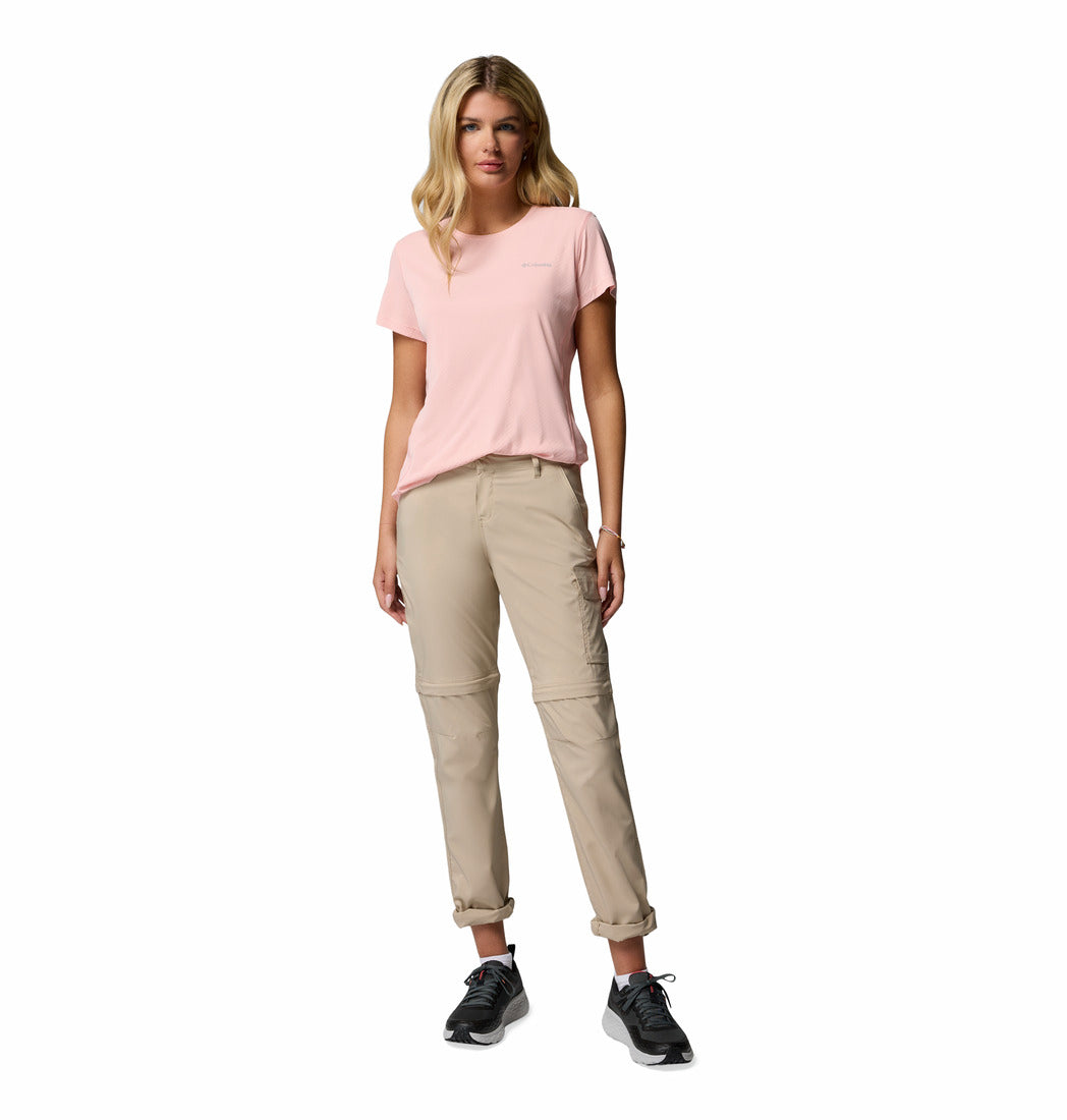 A Women Wearing Columbia Women Pink Zero Rules Light SS Crew (Sun Protection)