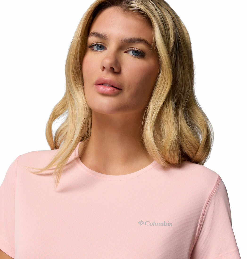 A Women Wearing Columbia Women Pink Zero Rules Light SS Crew (Sun Protection)