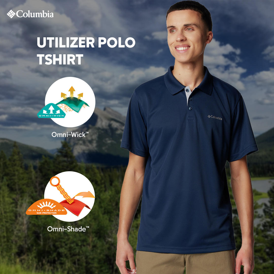 A Men Wearing Columbia Men Blue Utilizer Polo (Sun Protection)