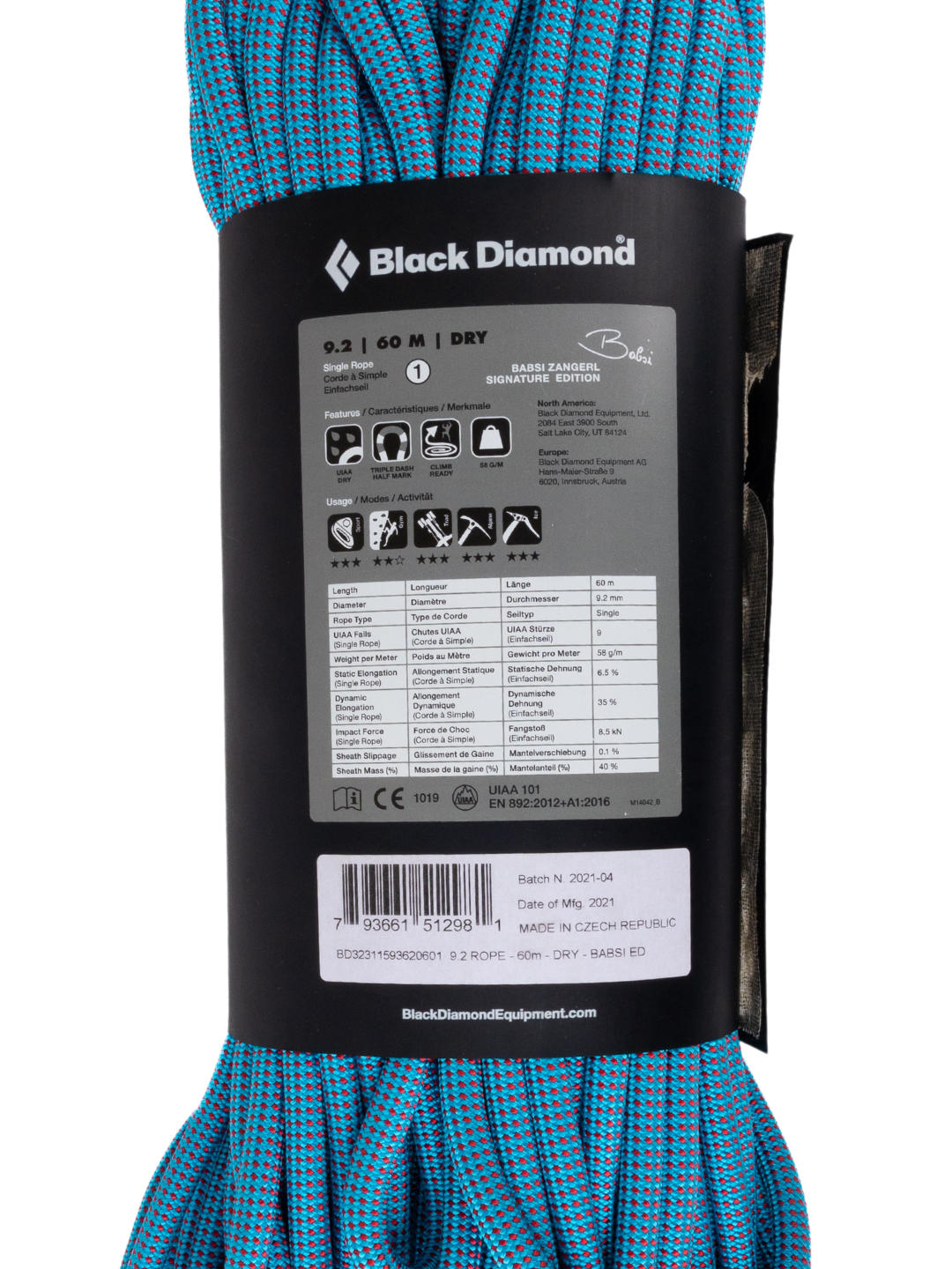 Black Diamond Unisex Blue 9.2 Rope - 60M - Dry Babsi Ed