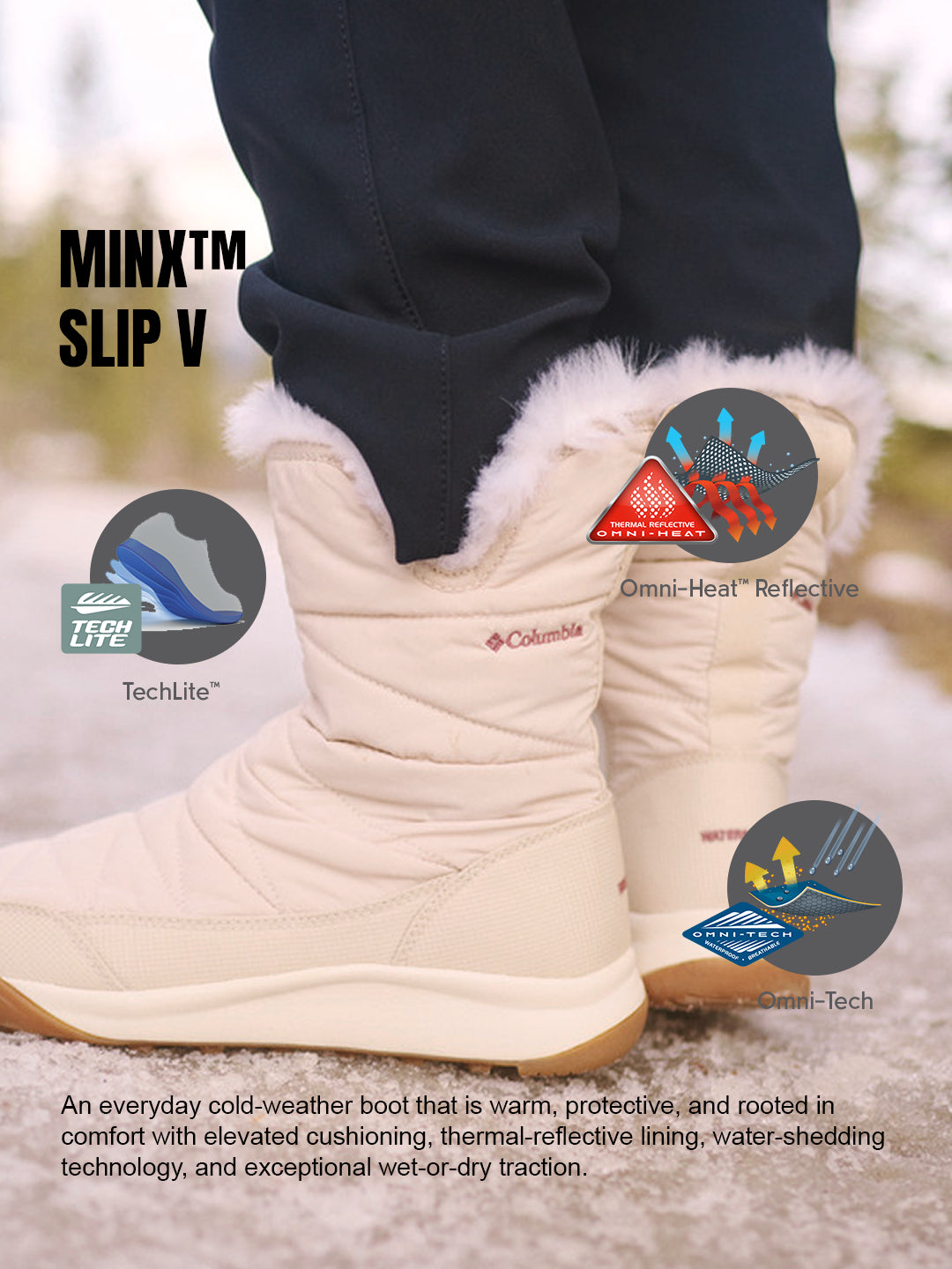 Columbia Women Beige OmniHeat Reflective Minx Slip V Waterproof Snow Sports Boots