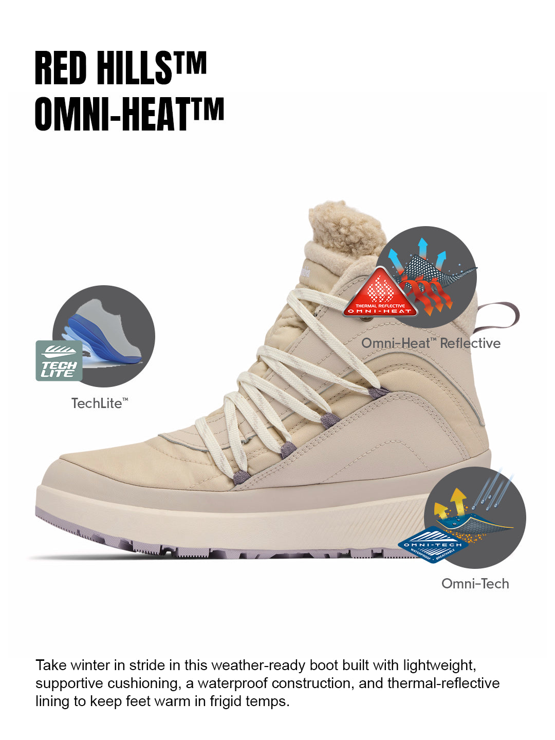 Columbia Women Beige OmniHeat Reflective Red Hills Waterproof Snow Sports Boots