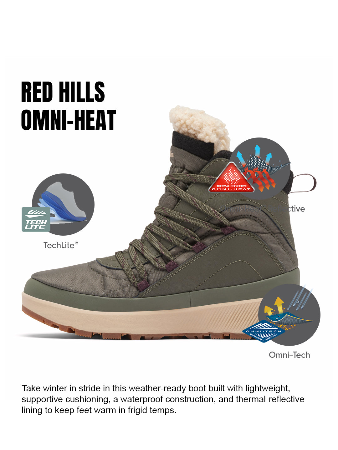 Columbia Women Green OmniHeat Reflective Red Hills Waterproof Snow Sports Boots