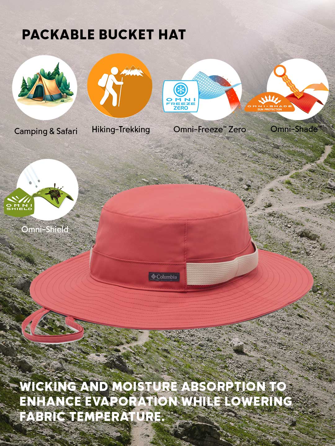 Columbia Unisex Pink Omni-Freeze Packable Bucket Hat - Cool Comfort