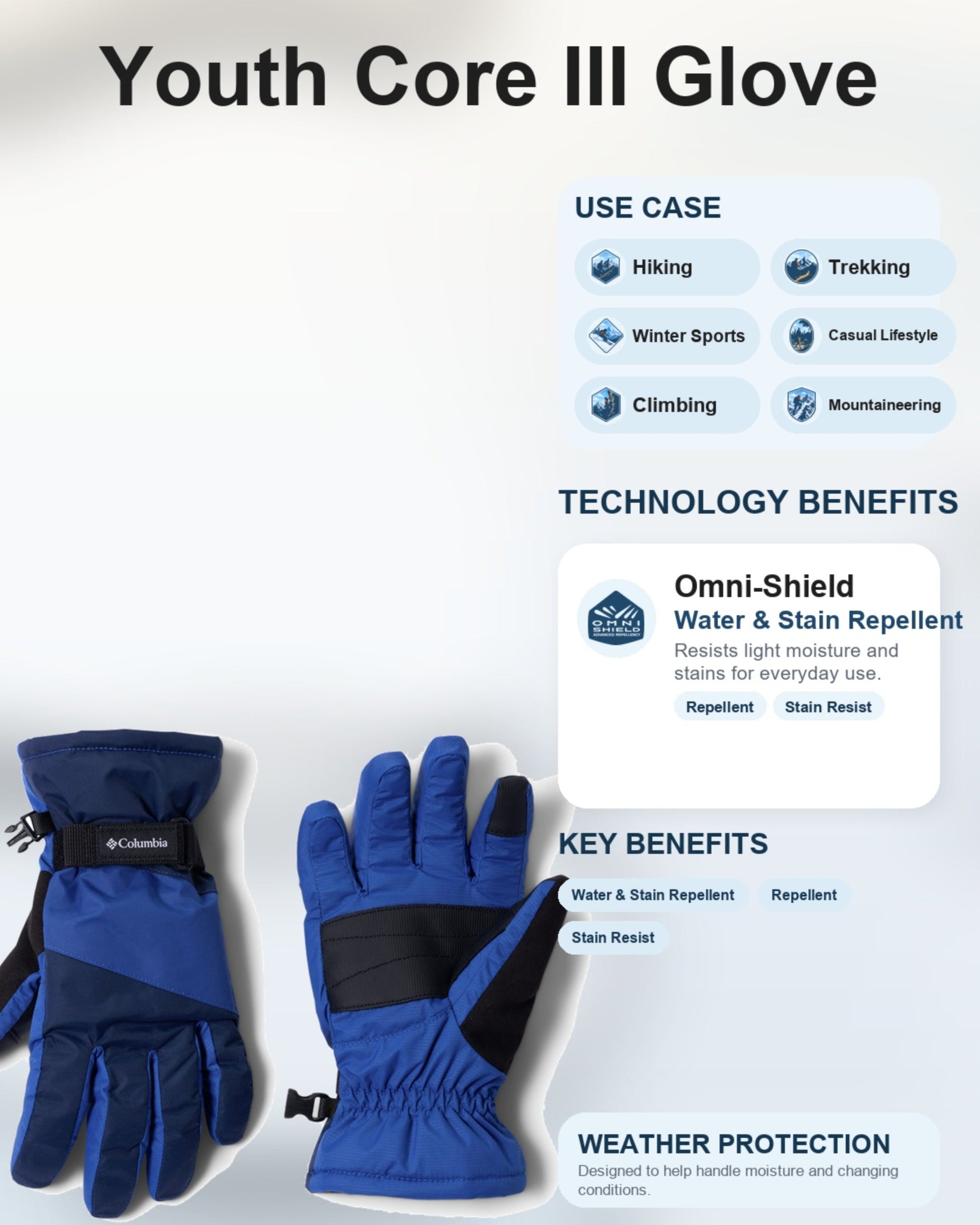 Columbia Kids Unisex Blue Omni-Shield Core III Gloves
