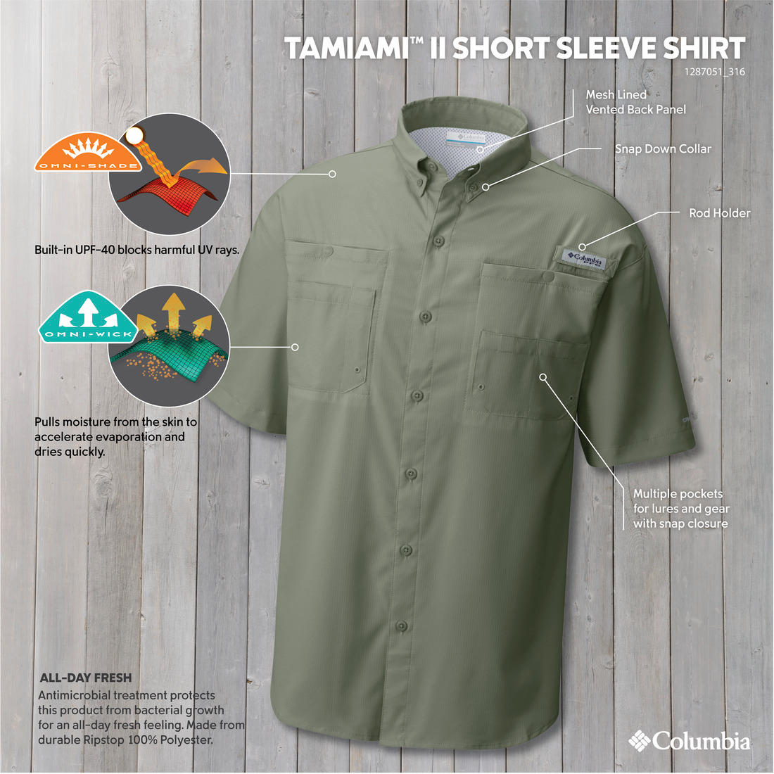 Columbia Mens Green Omni-Shade Tamiami II Short Sleeve Shirt