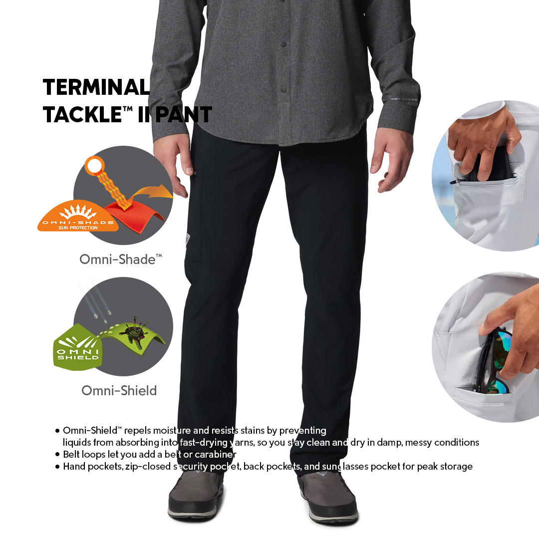 A Men Wearing Columbia Men Black Terminal Tackle II Pant (Sun Protection)