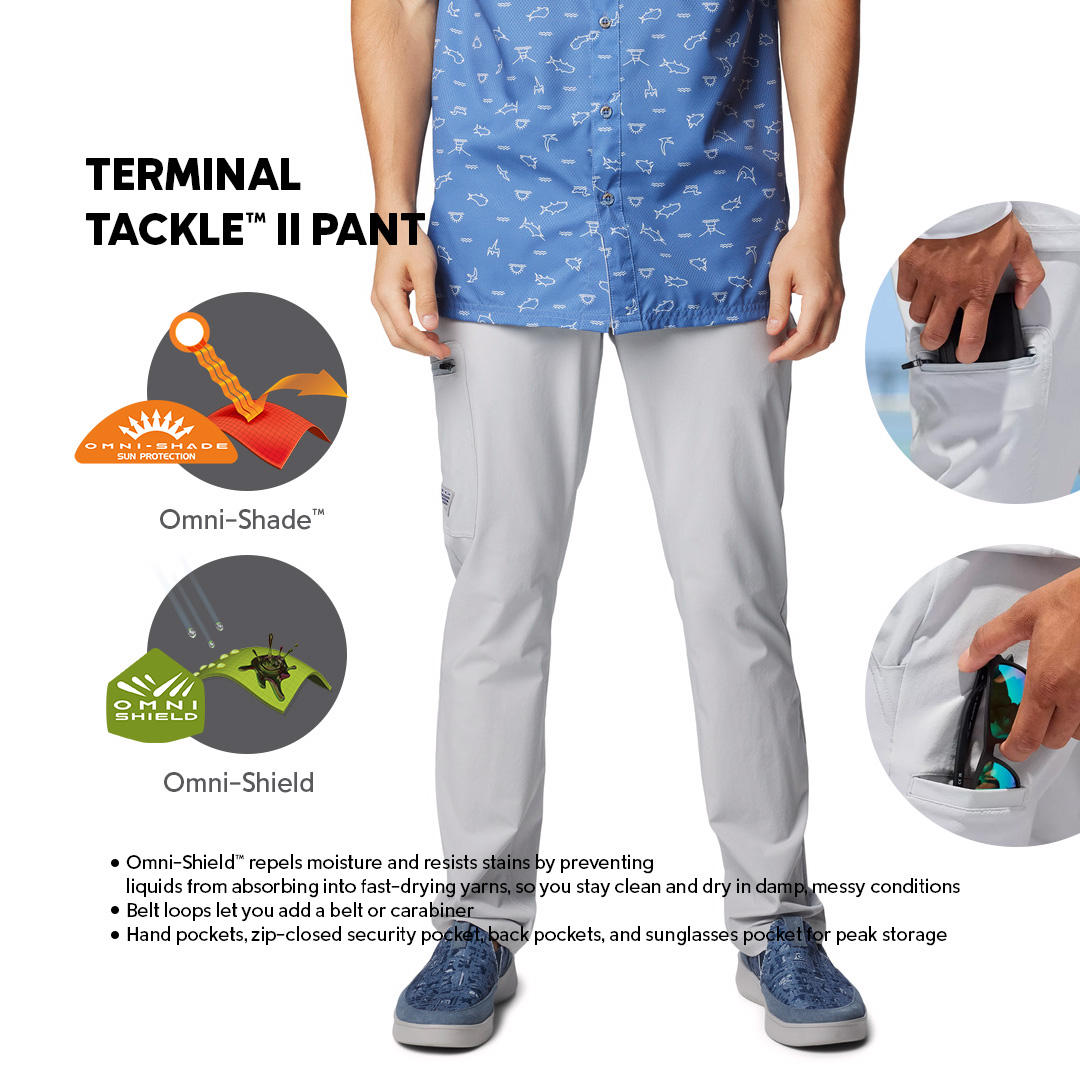A Men Wearing Columbia Men Grey Terminal Tackle II Pant (Sun Protection)