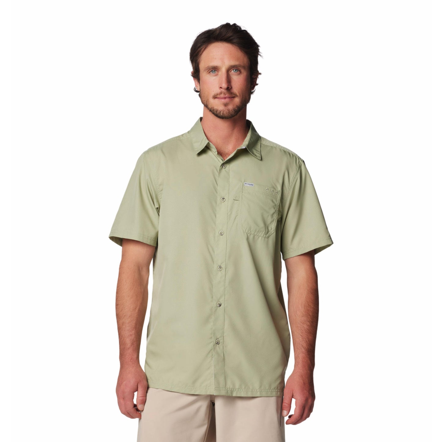 Columbia Men Green Omni-Shade Slack Tide Camp Shirt (Sun Protection)
