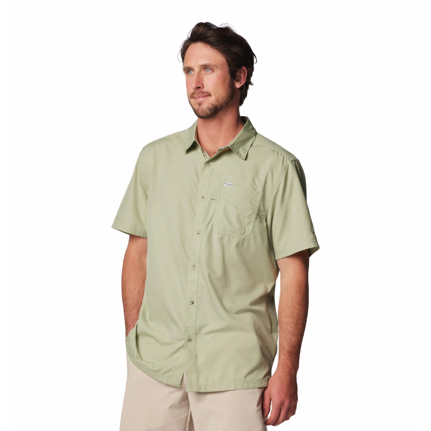Columbia Men Green Omni-Shade Slack Tide Camp Shirt (Sun Protection)