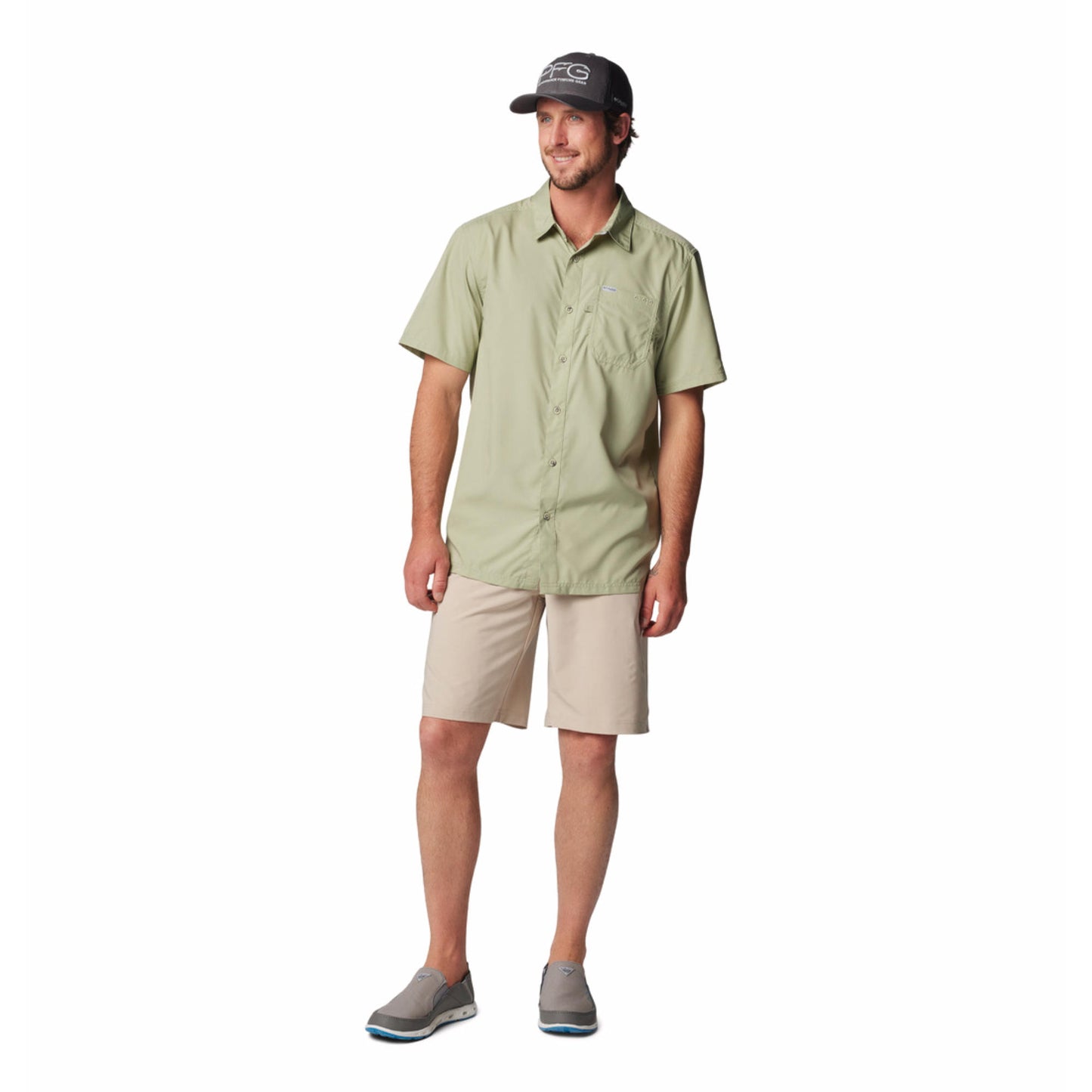 Columbia Men Green Omni-Shade Slack Tide Camp Shirt (Sun Protection)