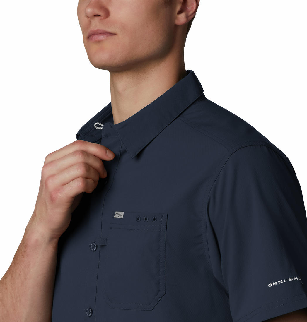 Columbia Men Navy Blue Omni-Shade Slack Tide Camp Shirt (Sun Protection)