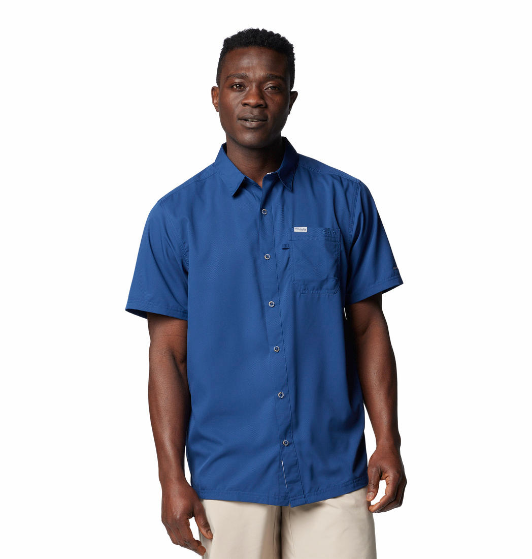 Columbia Men Blue Omni-Shade Slack Tide Camp Shirt (Sun Protection)