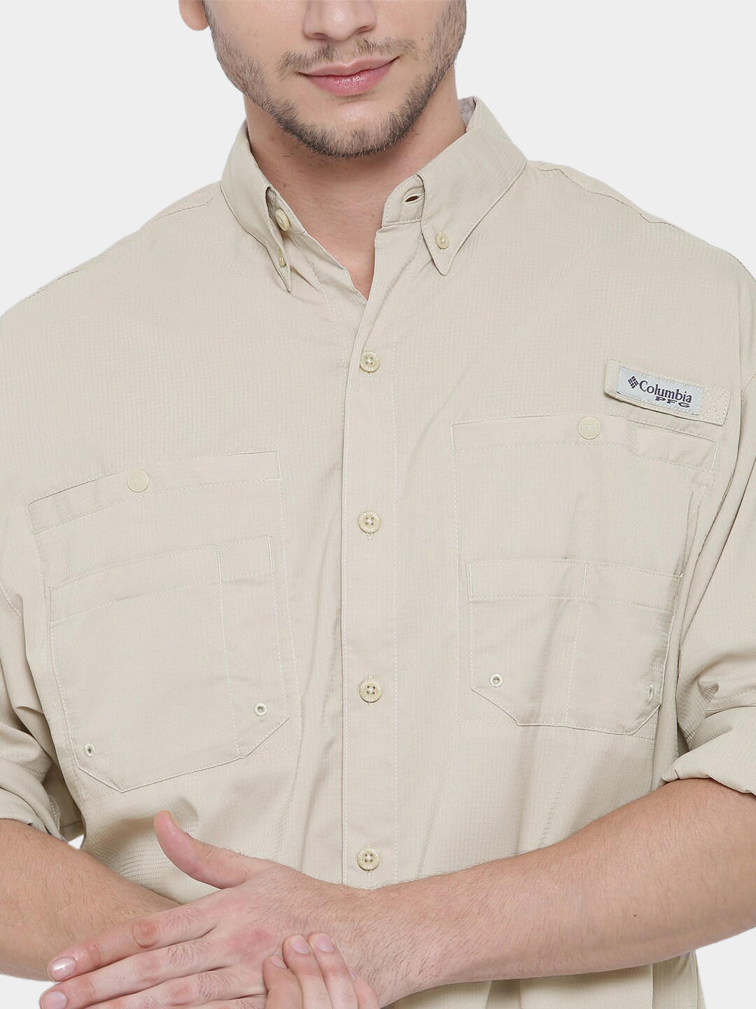 Columbia Men Beige Tamiami II LS Shirt (Sun Protection)