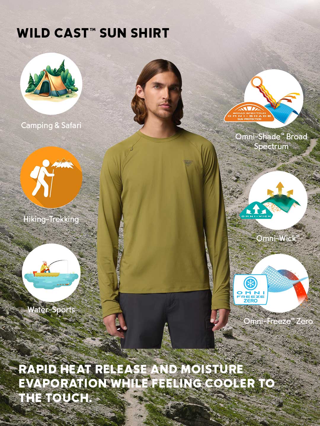 Columbia Men’s Olive Green Omni-Freeze Wild Cast Sun Protection T-Shirt