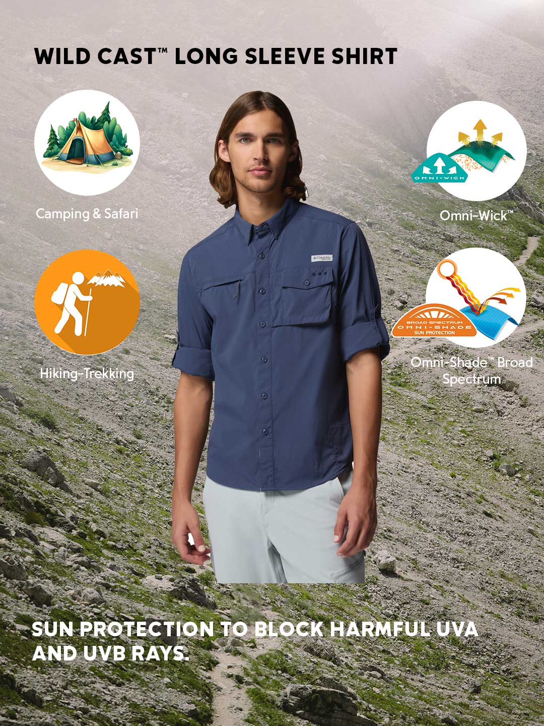 Columbia Men's Navy Blue Wild Cast Long Sleeve Shirt with Omni-Shade