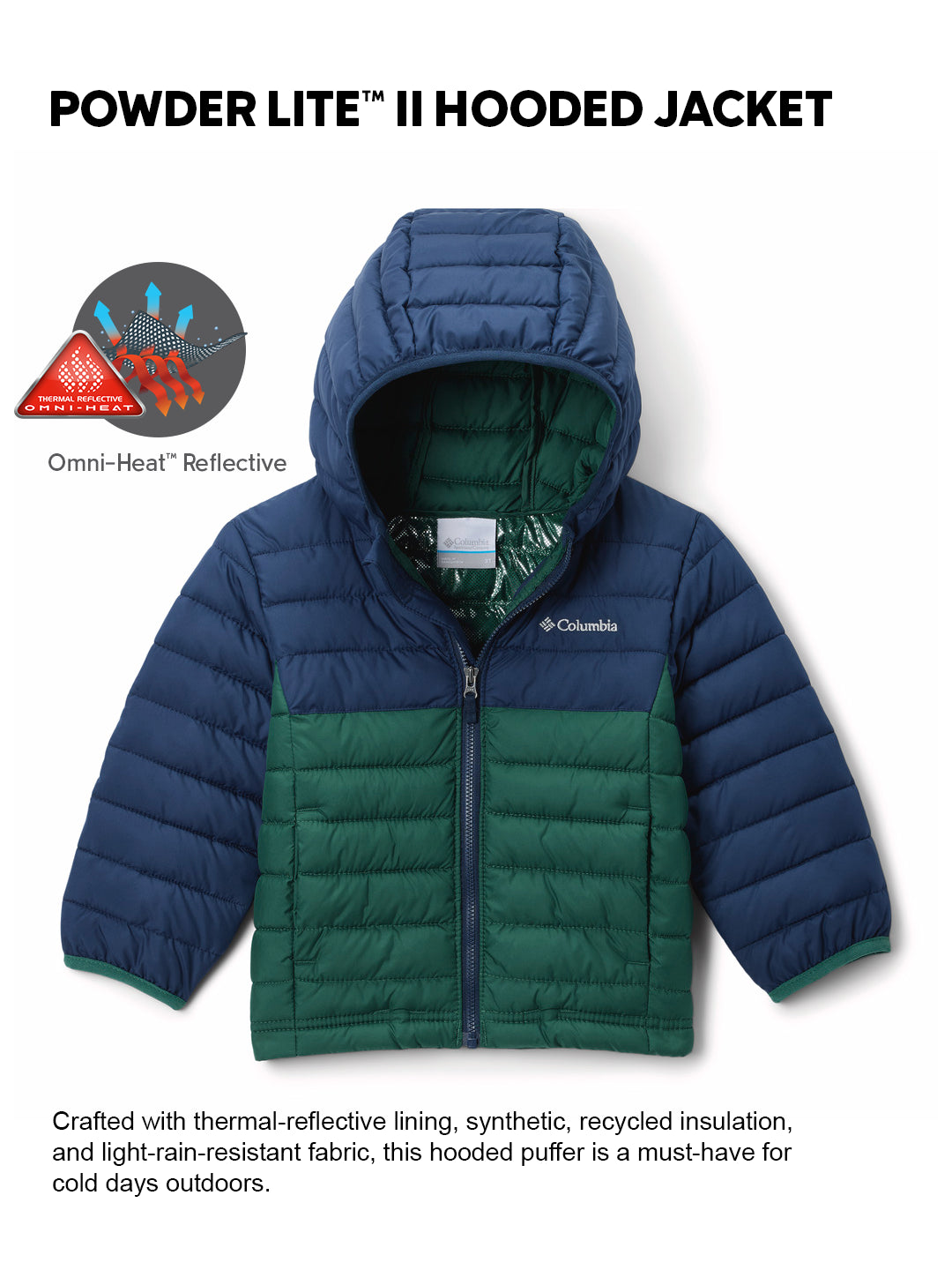 Columbia Kids Boys Green Omni-Heat Reflective Powder Lite II Hooded Down Jacket