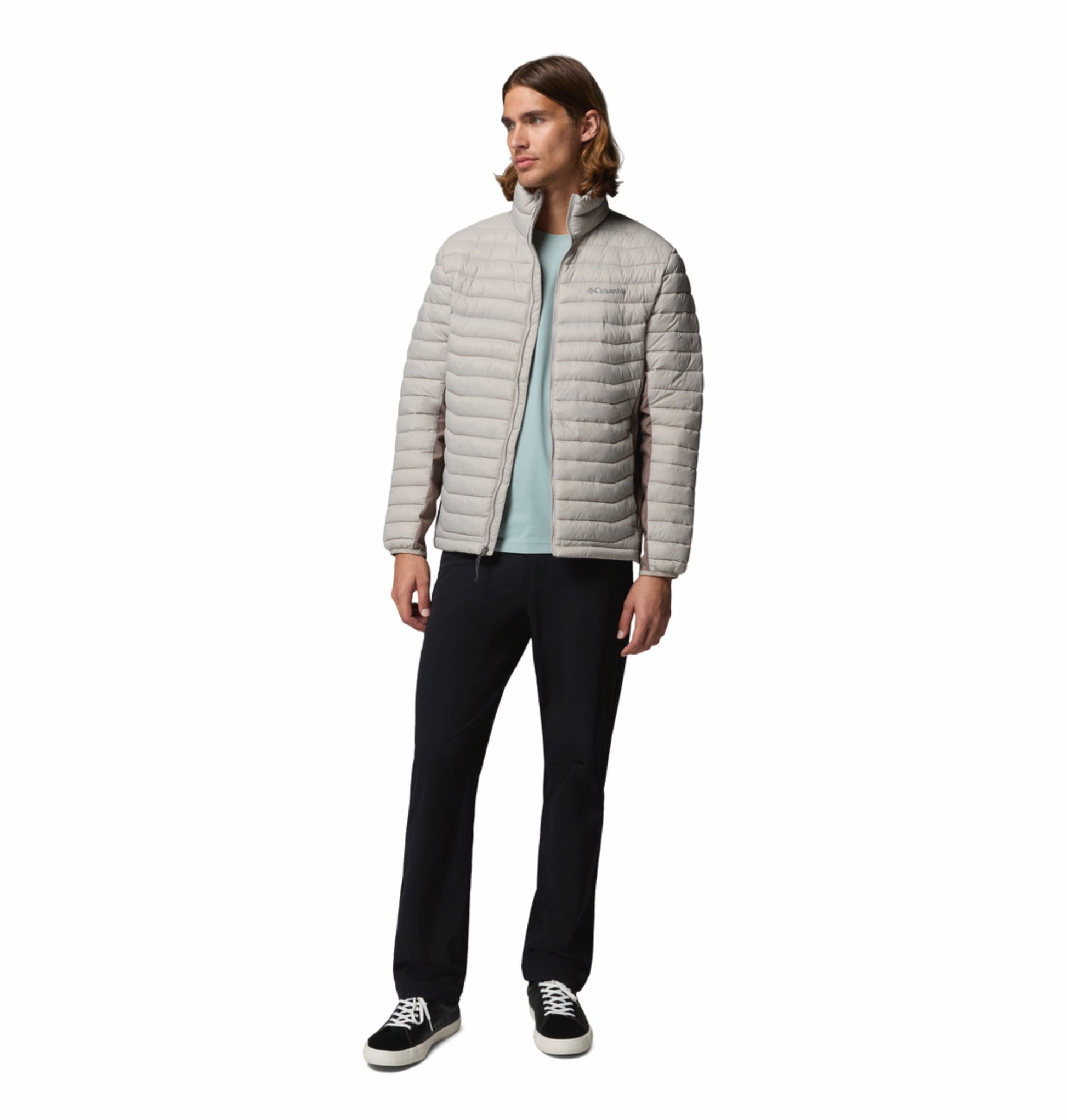 men grey omni shield powder pass hybrid down jacket