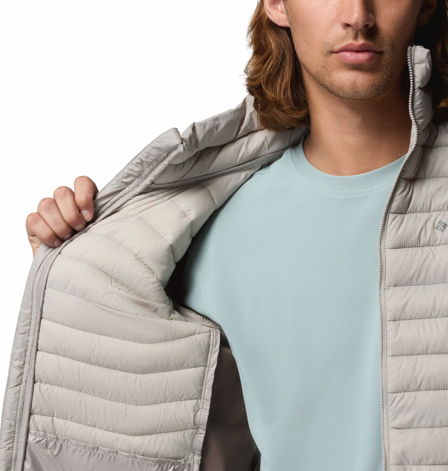 men grey omni shield powder pass hybrid down jacket