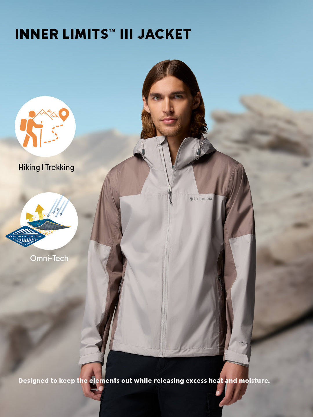 Columbia Men Light Grey Omni-Tech Inner Limits III Rain Jacket
