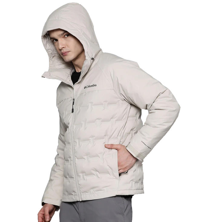 A Men Wearing Columbia Men Brown Grand Trek II Down Hooded Jacket