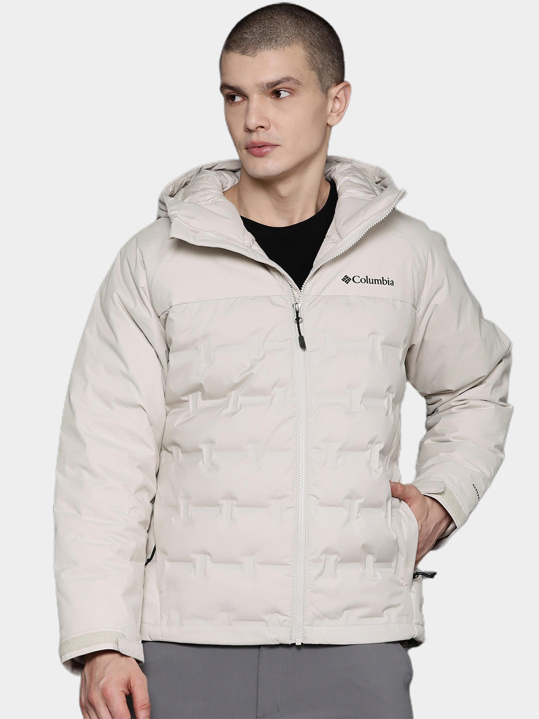 A Men Wearing Columbia Men Brown Grand Trek II Down Hooded Jacket
