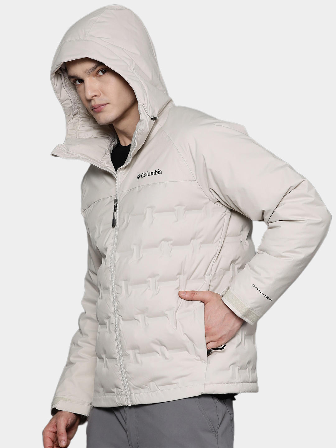 A Men Wearing Columbia Men Brown Grand Trek II Down Hooded Jacket