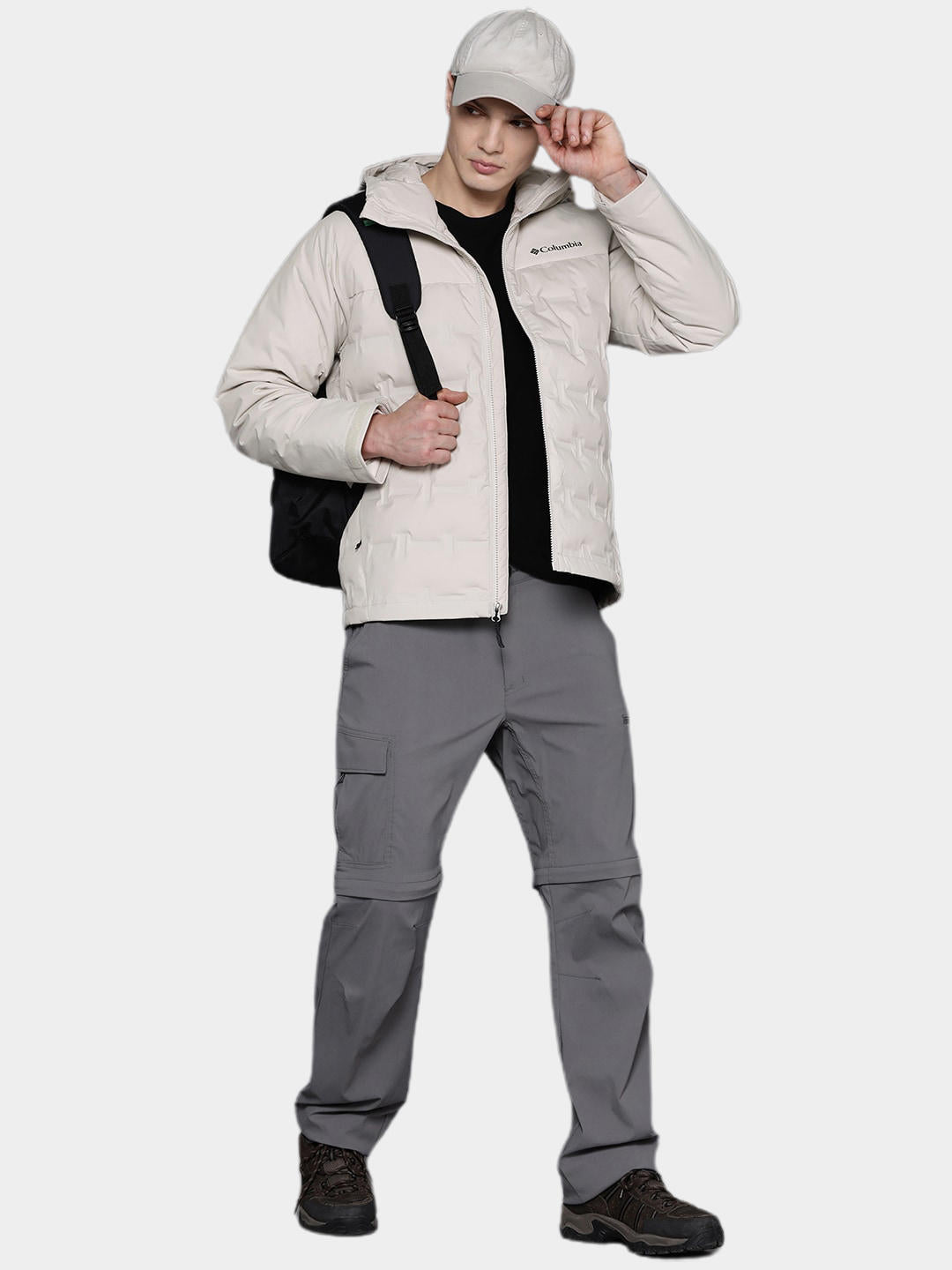 A Men Wearing Columbia Men Brown Grand Trek II Down Hooded Jacket