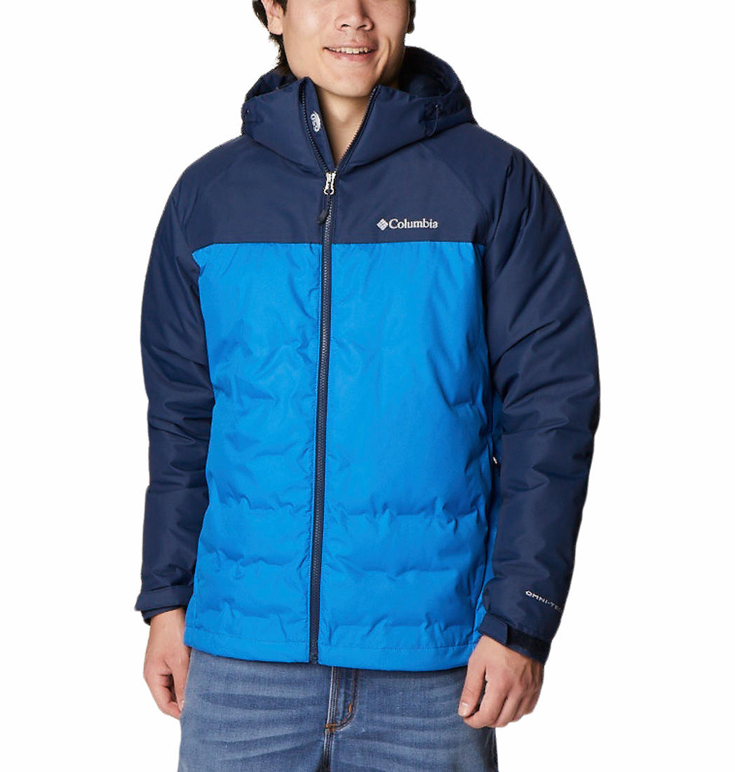 A Men Wearing Columbia Men Blue Grand Trek II Down Hooded Jacket