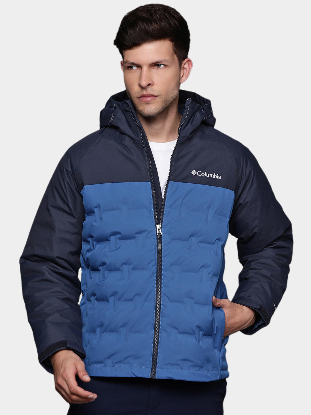 A Men Wearing Columbia Men Blue Grand Trek II Down Hooded Jacket