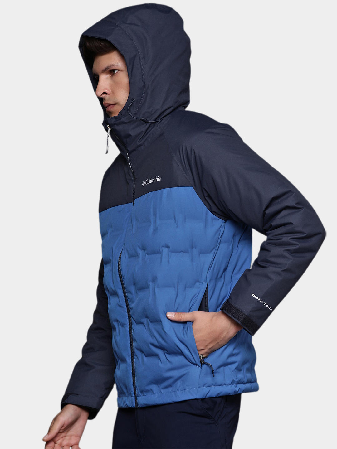 A Men Wearing Columbia Men Blue Grand Trek II Down Hooded Jacket