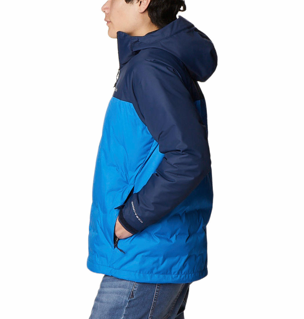 A Men Wearing Columbia Men Blue Grand Trek II Down Hooded Jacket