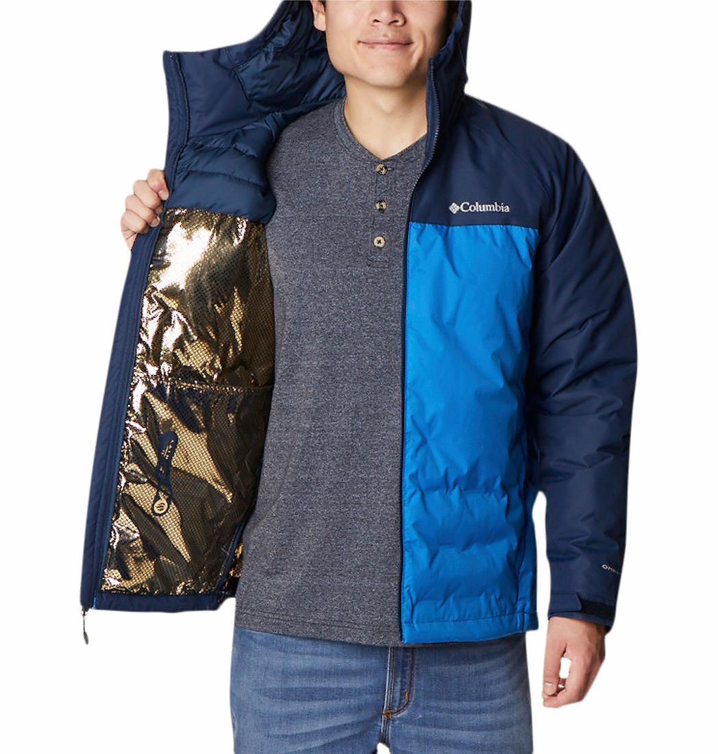 A Men Wearing Columbia Men Blue Grand Trek II Down Hooded Jacket