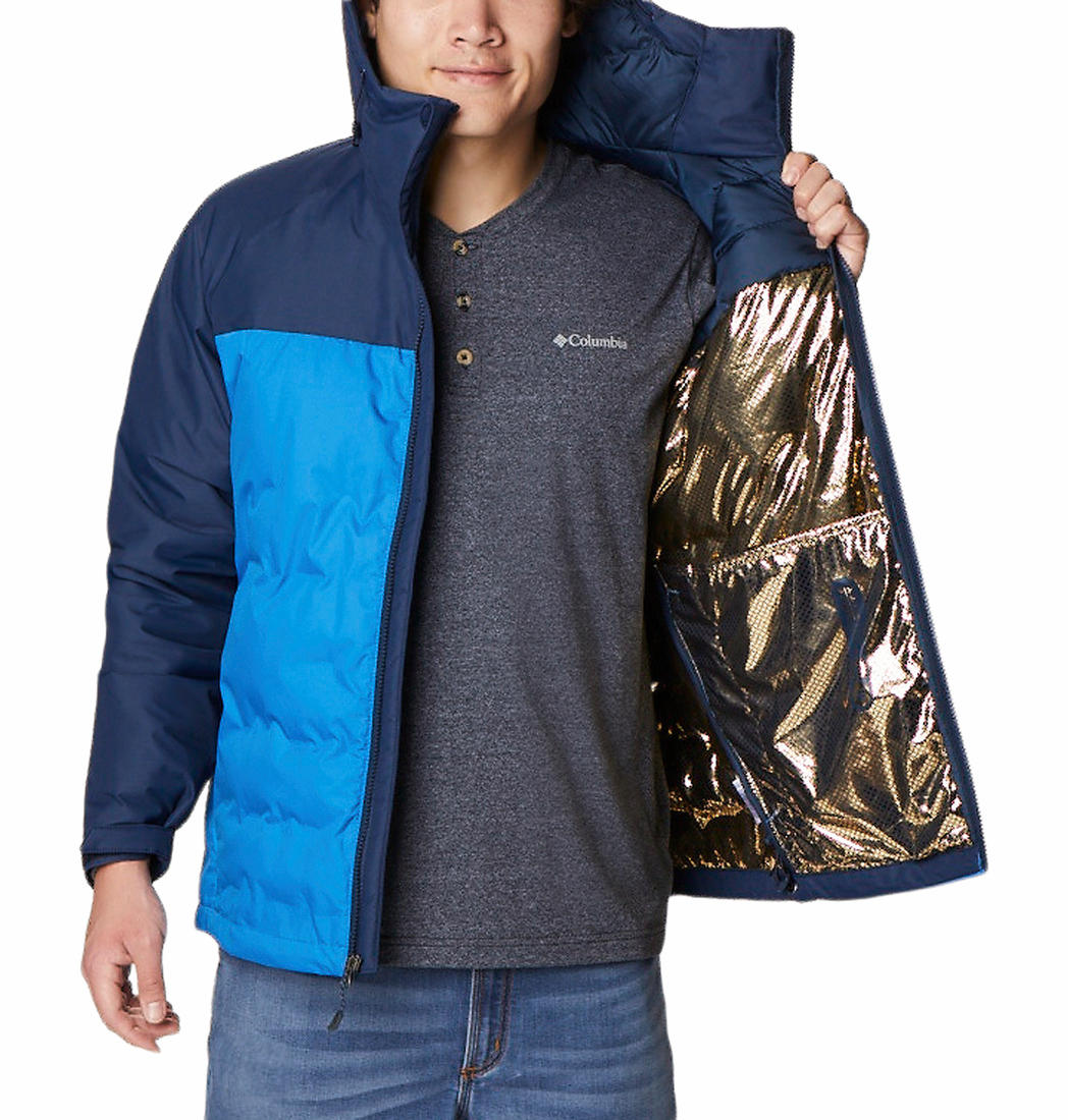 A Men Wearing Columbia Men Blue Grand Trek II Down Hooded Jacket