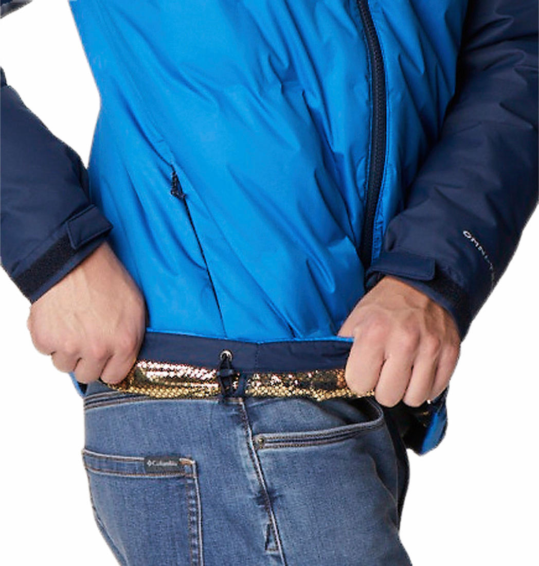 A Men Wearing Columbia Men Blue Grand Trek II Down Hooded Jacket