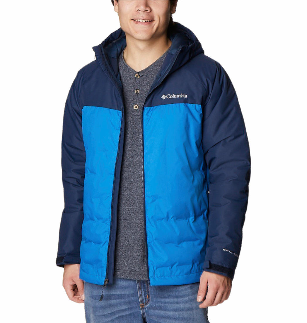 A Men Wearing Columbia Men Blue Grand Trek II Down Hooded Jacket