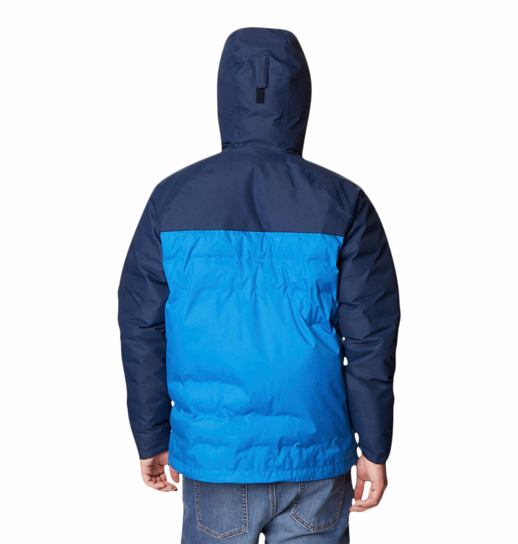A Men Wearing Columbia Men Blue Grand Trek II Down Hooded Jacket