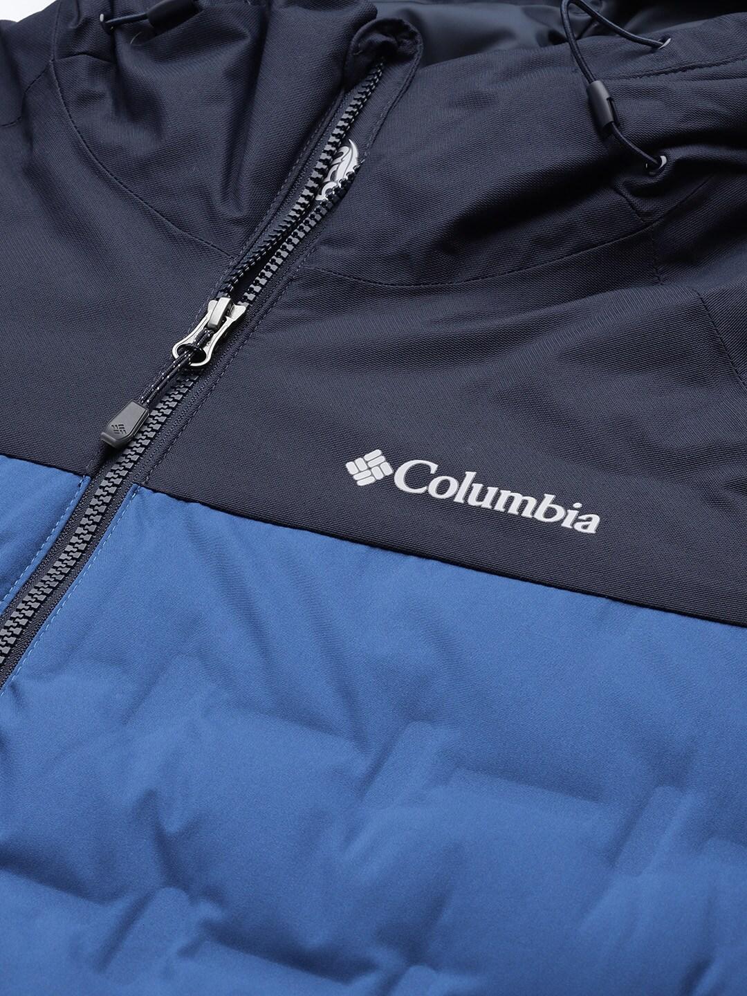 A Men Wearing Columbia Men Blue Grand Trek II Down Hooded Jacket