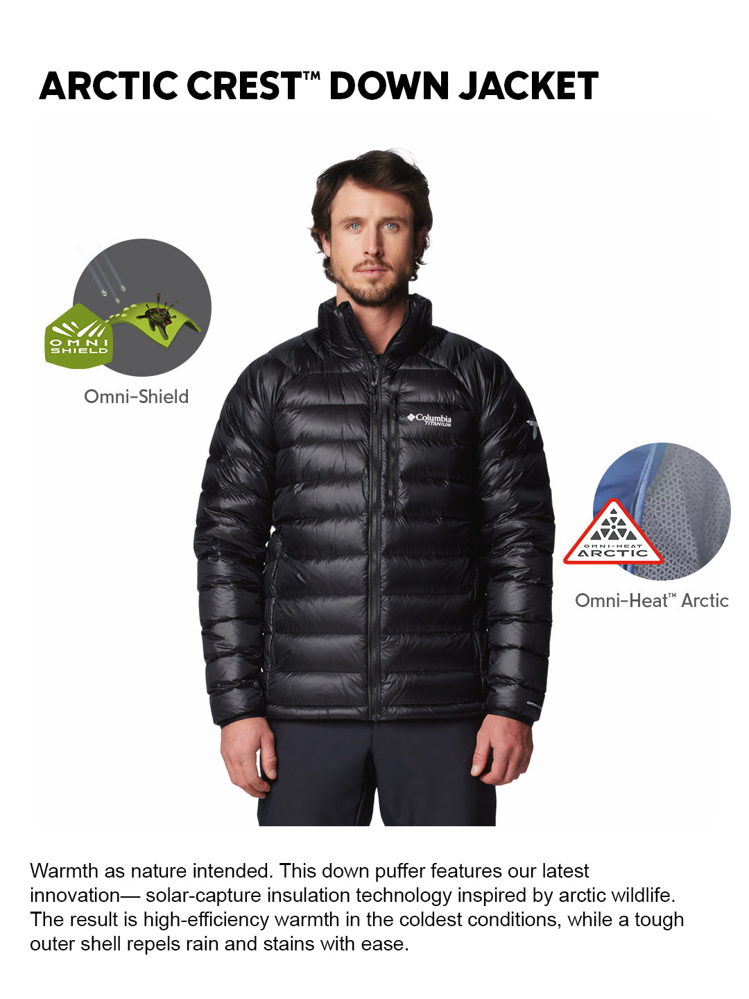 Columbia Men Black OmniHeat Arctic Crest Down Jacket – Adventuras Columbia Men Black OmniHeat Arctic Crest Down Jacket – Adventuras