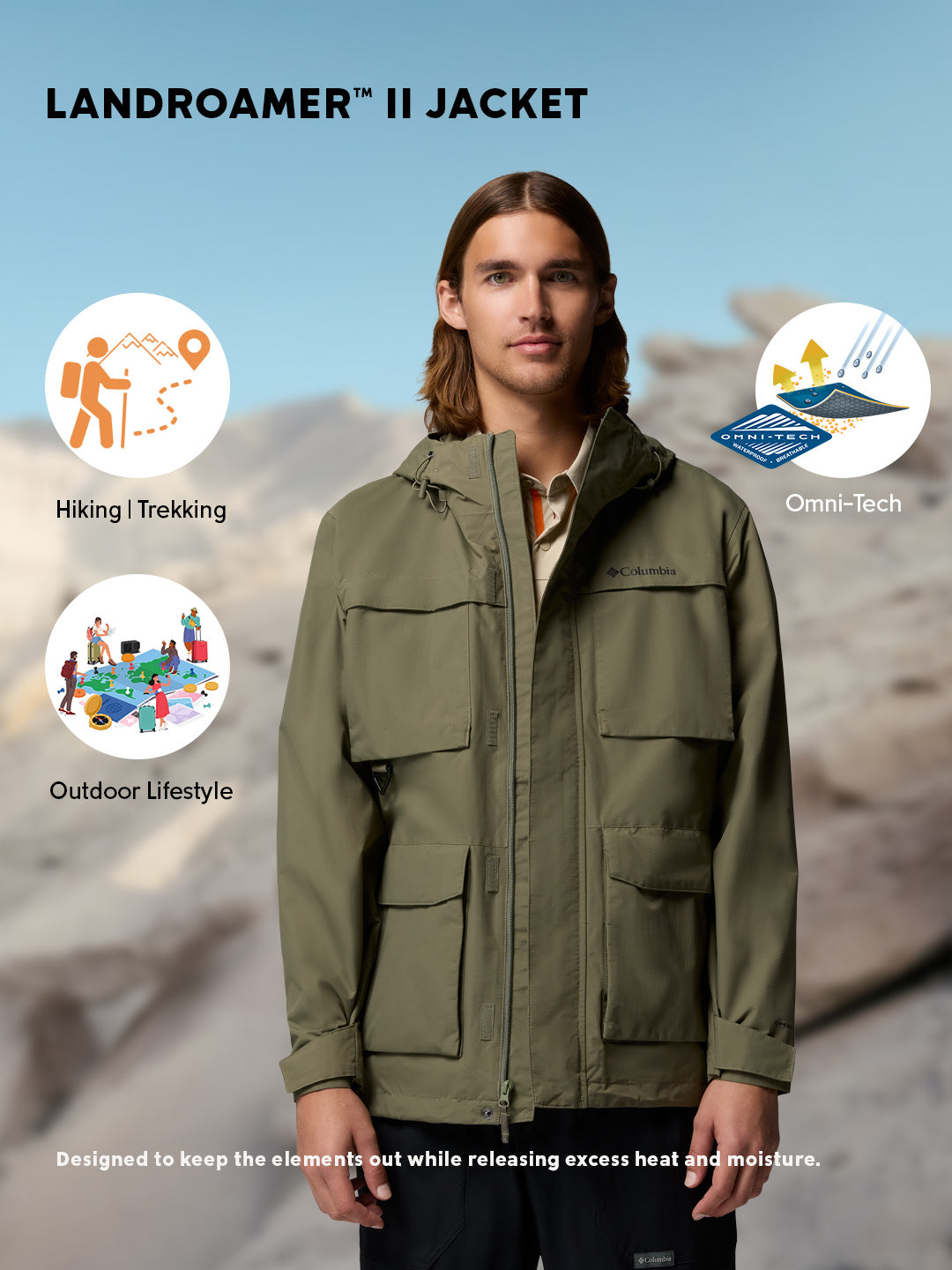 Columbia Men Olive Green Omni-Tech Landroamer II Rain Jacket