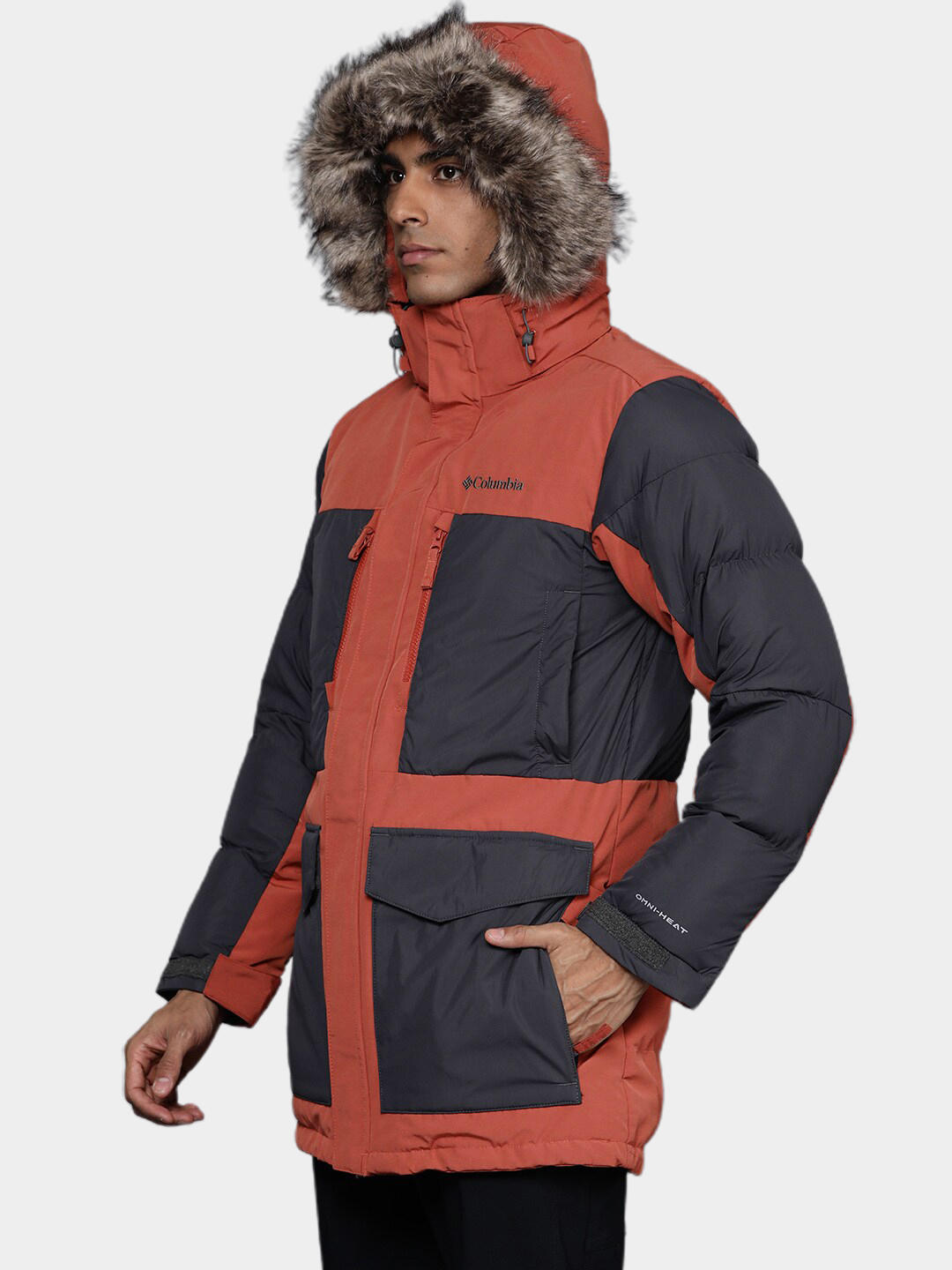 A Men Wearing Columbia Men Orange Marquam Peak Fusion Parka